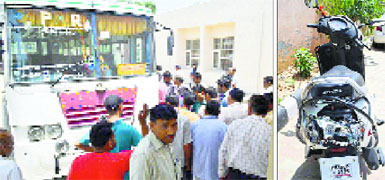 A PRTC bus, which was involved in an accident, parked at a police station; and (right) the victims damaged two-wheeler at the accident spot in Ludhiana on Sunday.