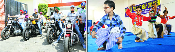 (Left) Bikers who donated computers at the School for Deaf and Dumb Children on the Hambran Road; and (right) special children present a cultural programme at the school in Ludhiana.
