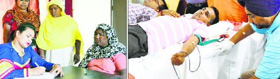 A doctor writes a prescription at a medical camp; and (right) volunteers donate blood in Ludhiana on Sunday.