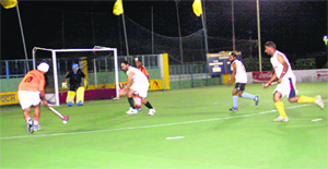 A match in progress on the opening day of the Fifth Olympian Prithipal Singh Hockey Festival in Jarkhar on Monday.