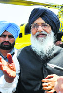 Chief Minister PS Badal talks to the media in Jalandhar on Monday.