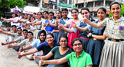 Students in a jubilant mood after the declaration of the CBSE Class X results, at the Plaza in Sector 17, Chandigarh, on Tuesday