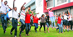 Students of Manav Mangal celebrate their success on the school campus in Phase X, Mohali, on Tuesday