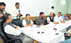 Sukhwinder Singh Sukhu, HPCC president, during a meeting with the Congress Working Committee chiefs in Shimla on Tuesday. 