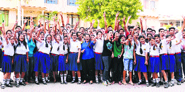 Students of Innocent Heart Public School in a jubilant mood after seeing their class X CBSE results in Jalandhar on Tuesday. 