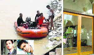 Divers searching for the youths in the canal in Moga on Tuesday (left) and the damaged property on the college campus; victims Sunil Kumar and Amardeep Singh (inset) . Tribune photos