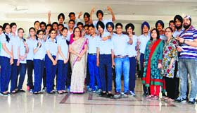 Students and teachers of Cambridge International School in a jubilant mood. in Amritsar on Wednesday