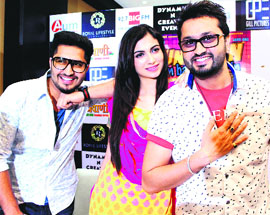 (From left) Actors Jassi Gil, Simran Kaur Mundi and Roshan Prince in Bathinda while promoting their upcoming Punjabi film.