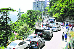 Vehicles caught in a traffic jam in Shimla