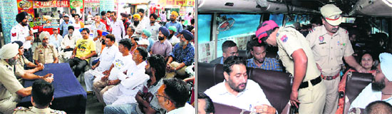ADCP-II Parminder Singh Bhandal addresses bus drivers (right); police officials search buses in Jalandhar on Wednesday. 