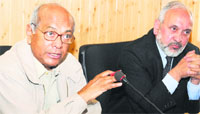 Central University of Kashmir Chancellor Srikumar Banerjee during a press conference in Srinagar on Wednesday. Tribune photo: Amin War