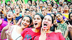 ICSE class X city topper Teshali Mittall (97.2%) Taranjit Kaur (second, 96.4%) and Mehakdeep Kaur (third, 96.2%) in a jubilant mood at Sacred Heart Convent School, Urban Estate, Sector 39, in Ludhiana
