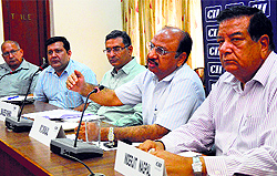 Office-bearers of the Confederation of Indian Industry address a press conference in Ludhiana