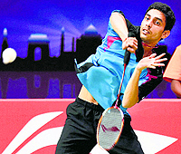 Gurusaidutt in action against Lukas Schmidt of Germany in a Thomas Cup match in New Delhi on Wednesday