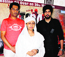 Actress Natasha Rana with film director Rajeev Sharma and co-star Zafar Dhillon (in black turban) at a promotional event for their film 47 to 84 in Bathinda on Thursday