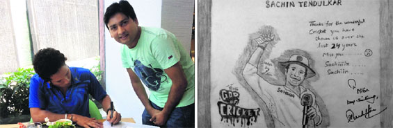Sachin Tendulkar gives an autograph to Nitin Jain at a hotel in Chandigarh on Thursday; and (right) and the autographed sketch made by Nitin.