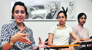 Ashmita Gupta addresses a press conference at the launch of the Wordzworth centre as Tarika Mital (centre) and Navdeep Kaur look on in Chandigarh.