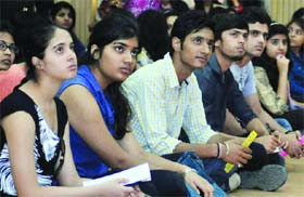 Students at the Open House session on North campus at Delhi University in New Delhi on Thursday