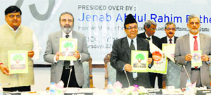 J&K Finance Minister Abdul Rahim Rather (third from left) during the 93rd meeting of the state-level bankers committee in Srinagar on Thursday.