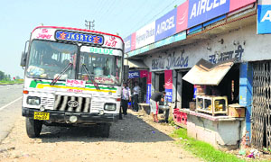 A state roadways bus parked outside a dhaba on the Jammu-Pathankot highway. 