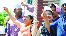 AAP activists stage a protest at Jagraon Bridge in Ludhiana.