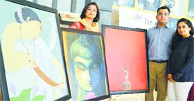 Curator Neepa Sharma with founders of Banyan Art Varun Khanna and Natasha Khanna at Sutlej Club.