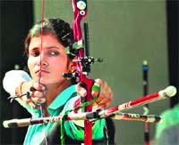 Madhu Vedwan in action in Patiala during the trials for the World University Archery Championship.