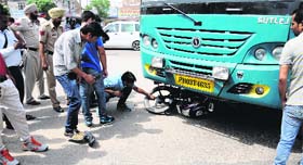 The motorcycle that was hit by a private bus at Bibi Wala Chowk in Bathinda on Friday.