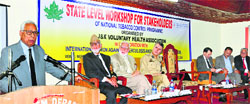 Governor NN Vohra addresses the audience at a function organised by the J&K Voluntary Health Association at Nigeen Club in Srinagar on Friday. A Tribune photograph