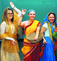 Canadian students from Mount Royal University in traditional Indian dresses during a study exchange programme at LPU in Jalandhar on Friday