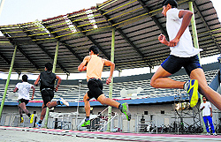 Athletes practise under damaged canopies in Block F at Guru Nanak Stadium in Ludhiana. The recently repaired canopies were again blown away a few days ago