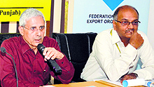 SC Ralhan, regional chairman, Federation of Indian Export Organisations, speaks during an interactive session in Ludhiana on Friday