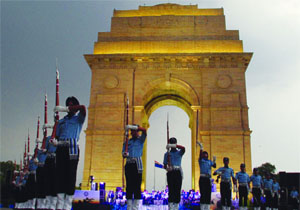 The Indian Air Force Symphony Orchestra Band and Air Warrior Drill Team (AWDT) performing for the general public at India Gate in New Delhi on Saturday.