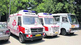 108 ambulances parked in the Civil Hospital in Jalandhar.