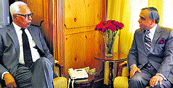 Governor NN Vohra interacts with General Officer Commanding-in-Chief, Northern Command, Lt Gen Sanjiv Chachra at Raj Bhawan in Srinagar on Saturday