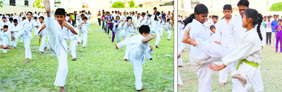 Students take part in Belt Test Karate Competition at GMT Public School in Ludhiana on Saturday.