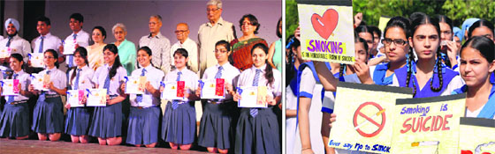 (Left) Students with their certificates during a prize distribution function at Sat Paul Mittal School; and students of GNI Public School, BRS Nagar, take out an anti-tobacco rally in Ludhiana.