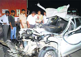 The mangled remains of the car that met with an accident on the Hanumangarh-Suratgarh road in Rajasthan