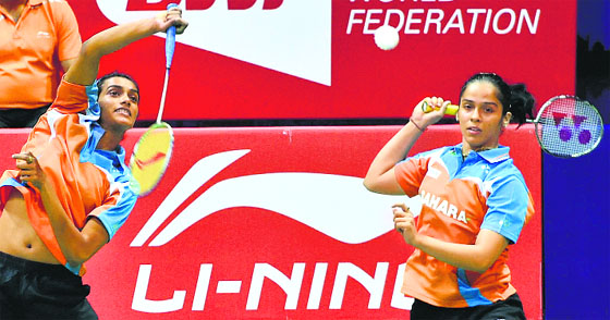 PV Sindhu and Saina Nehwal play against Japans Miyuki Maeda and Reika Kakiiwa during the Uber Cup semifinals. 