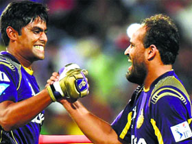  KKRs Yusuf Pathan celebrates win against Sunrisers Hyderabad at Eden Gardens in Kolkata on Saturday. 