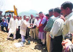 Mussoorie MLA Ganesh Joshi after laying the stone of the Chamroli-Sarona road on Sunday