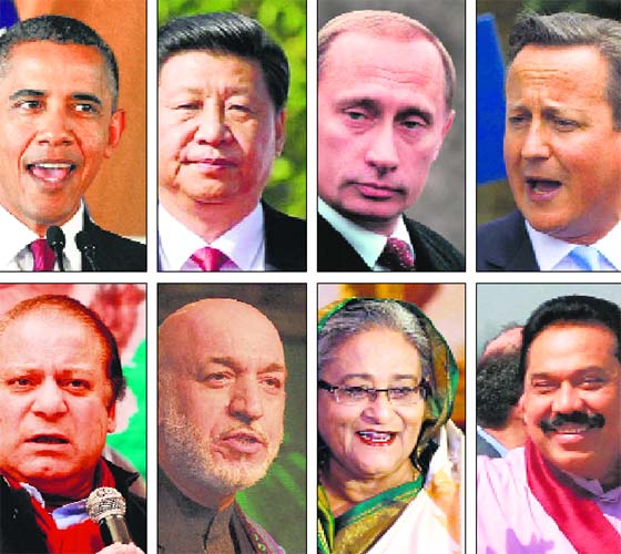 (Clockwise from top) US President Barack Obama, Chinese President Xi Jinping, Russian President Vladimir Putin, UK Prime Minister David Cameron, Sri Lankan President Mahinda Rajapaksa, Bangladesh Prime Minister Sheikh Hasina, Afghanistan President Hamid Karzai and Pakistan Prime Minister Nawaz Sharif