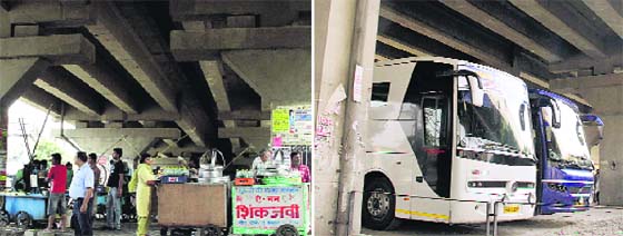 Vendors sell juice and other eatables under the stretch of flyover at bus stand; and (right) private buses parked under railway overbridge near Khalsa College in Jalandhar.