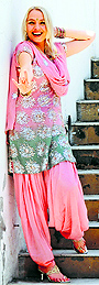 Anita Lerche from Denmark strikes a pose at Guru Nanak Bhawan, where she sang a Punjabi song and a bhajan for a charity event in Ludhiana on Sunday