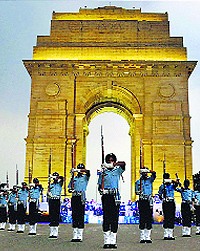 Members of the Air Forces Air Warriors drill team display their alluring skills at India Gate in New Delhi