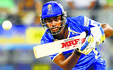 Sanju Samson plays a shot against Mumbai Indians in Mumbai on Sunday