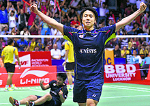 Japans Hiroyuki Endo (front) and Kenichi Hayakawa celebrate after beating Malaysian Boon Heong Tan and Thein How Hoon in the final of the Thomas Cup in New Delhi on Sunday
