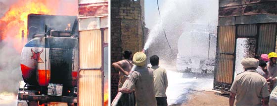 The oil tanker engulfed in flames; and (right) firemen douse flames at Jassi Pau Wali Chowk in Bathinda on Monday
