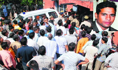 People hold a protest outside the Mansa Devi Complex police station in Panchkula on Monday. (Inset) Ashutosh Bhardwaj, the victim