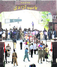The released Indian fishermen at the Wagah border on Monday. 